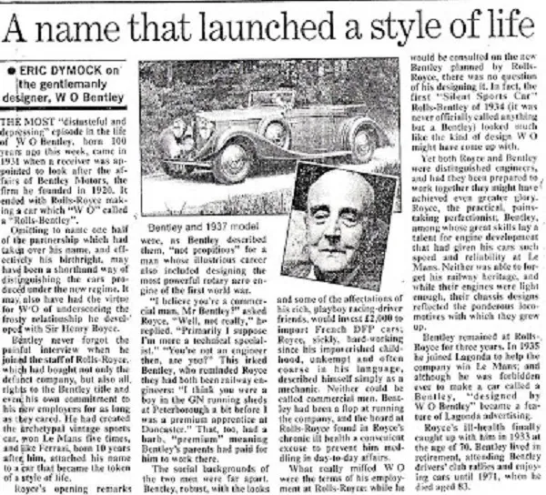 Article on the death of Walter Owen Bentley, 1971.